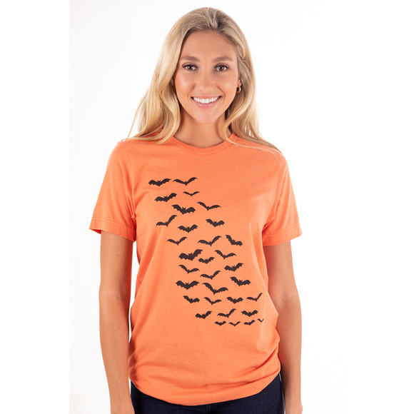 Orange Halloween Bats Spooky Graphic Tee - Small - Picture 1 of 7